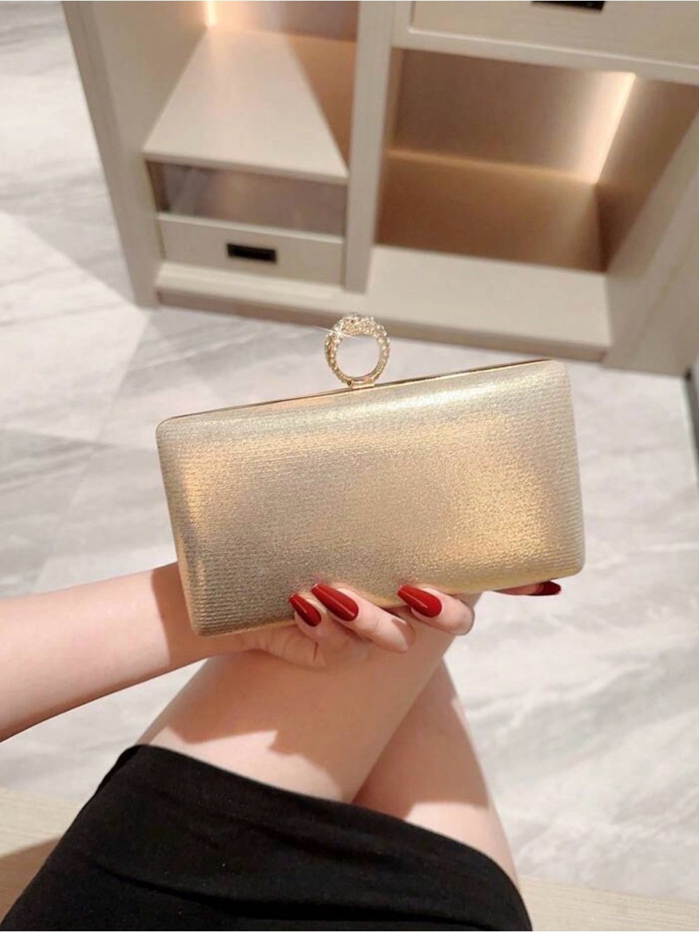Gold Evening Clutch with Crystal Ring Handle NWT